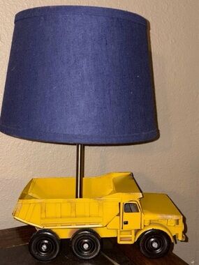 Pottery Barn Yellow Dump Truck Table Lamp with Blue Shade